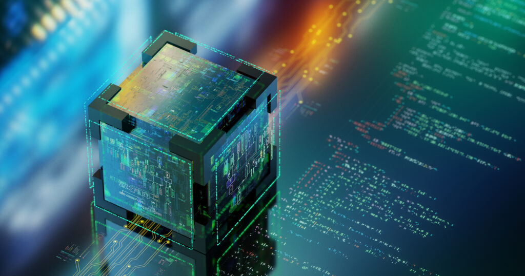 Futuristic cube representing the power of new CPUs and electronic components . Modern technology background. 3D render